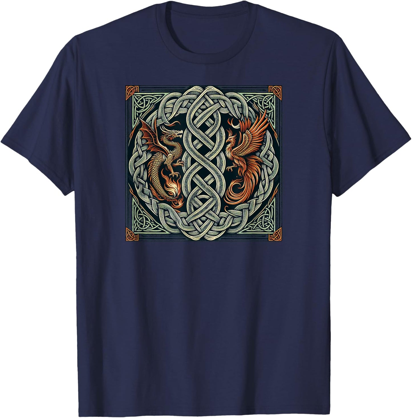 Intricate Celtic Knot with Dragon and Phoenix T-Shirt - T-Shirt | Navy