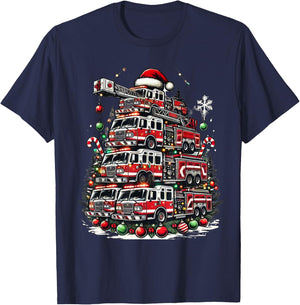 Firefighter Fire Truck Christmas Tree Lights Santa Fireman T-Shirt - T-Shirt | Navy
