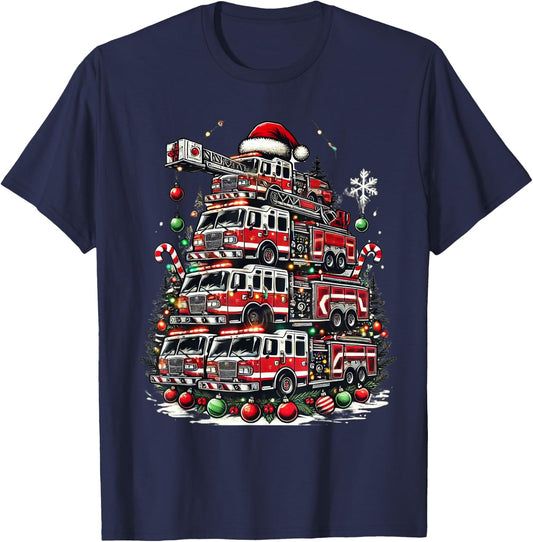 Firefighter Fire Truck Christmas Tree Lights Santa Fireman T-Shirt - T-Shirt | Navy