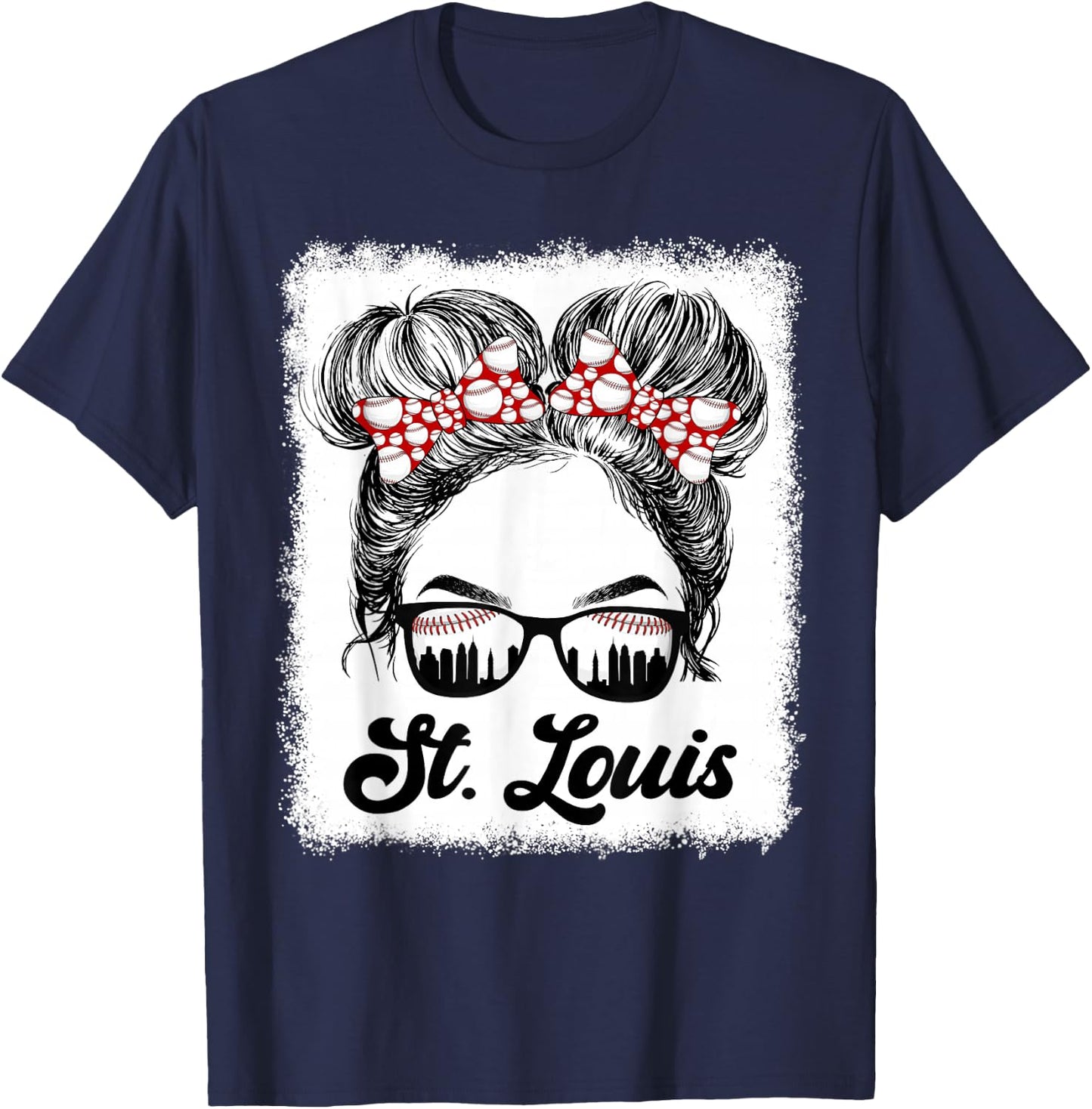 St. Louis Retro Baseball Love Messy Bun Girl Met At Game Day T-Shirt - T-Shirt | Navy