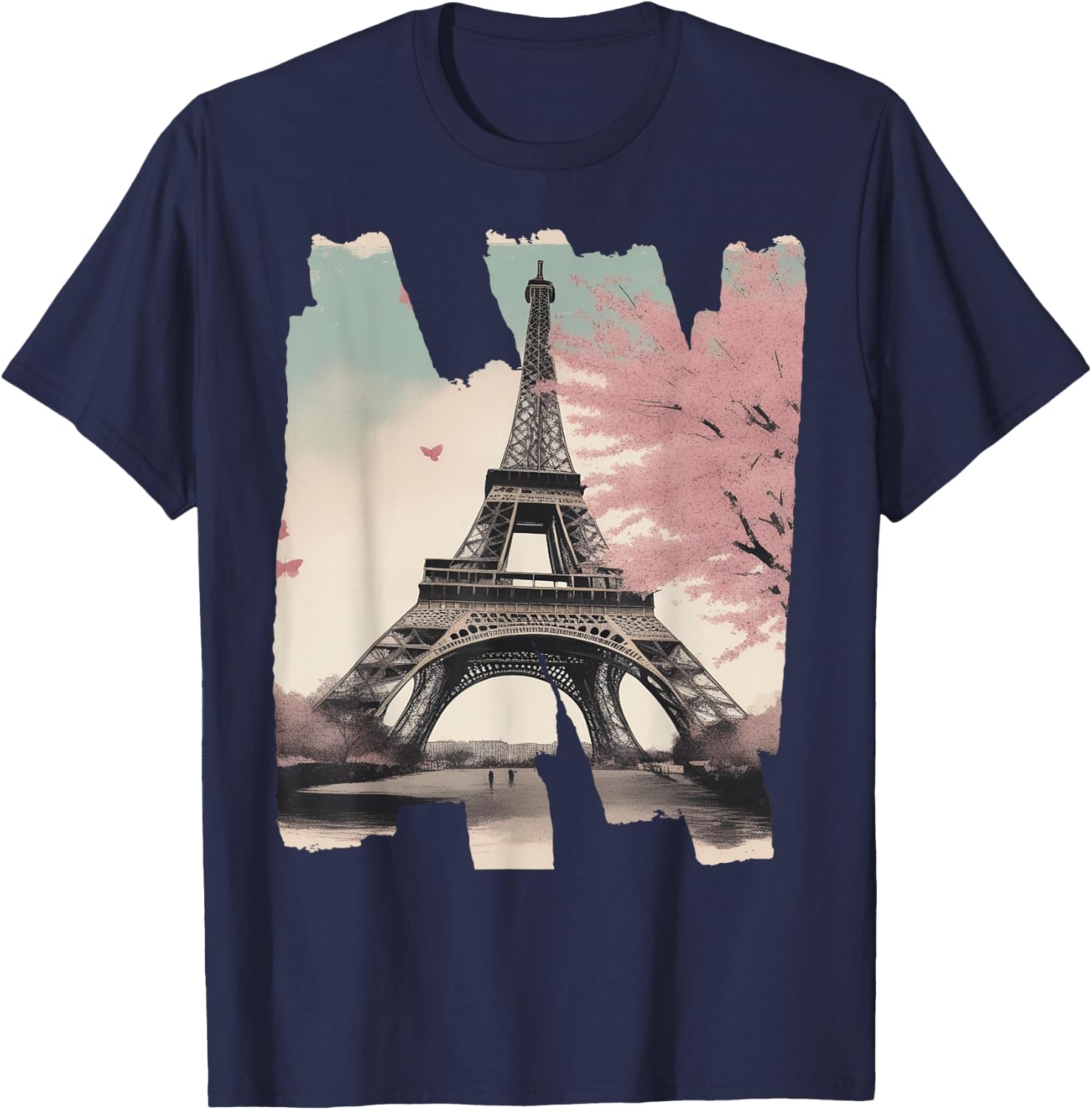 Eiffel Tower Souvenir Paris Cherry Blossom Bonjour French T-Shirt - T-Shirt | Navy