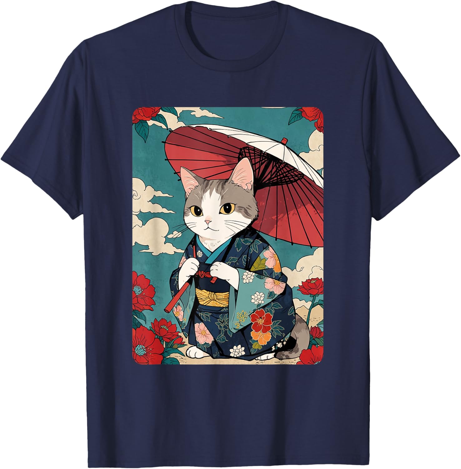 Cute Geisha Cat Japanese Cat Retro Neko Vintage Art Ukiyo-e Men Women Girls Kids T-Shirt - T-Shirt | Navy