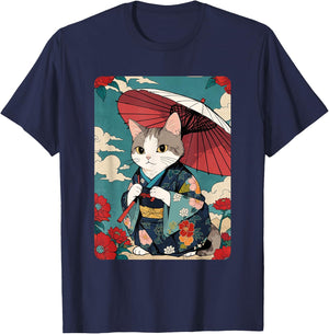 Cute Geisha Cat Japanese Cat Retro Neko Vintage Art Ukiyo-e Men Women Girls Kids T-Shirt - T-Shirt | Navy