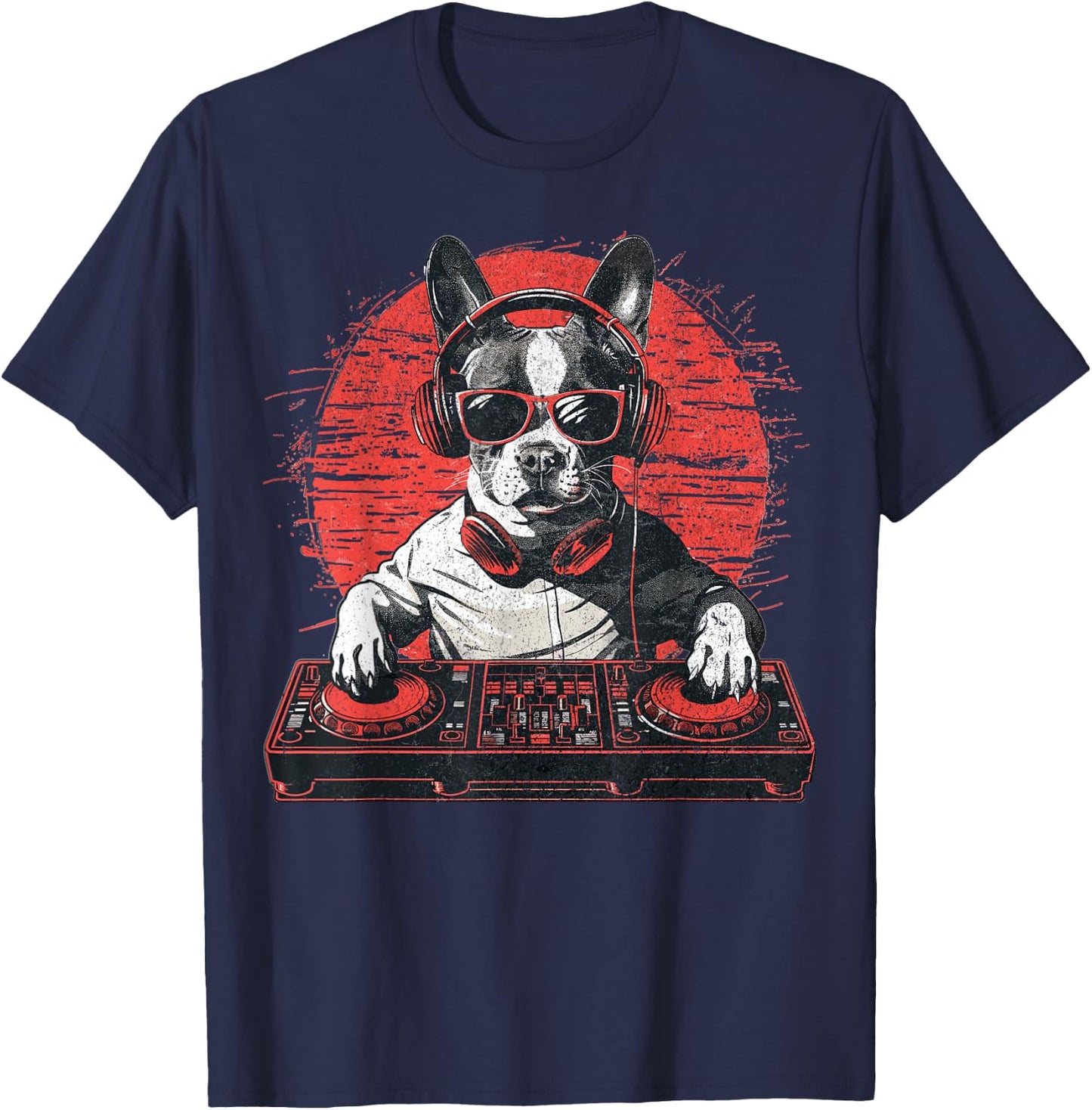 Funny Retro House DJ Boston Terrier Dog Disco Headphone Tech Women T-Shirt - T-Shirt | Navy
