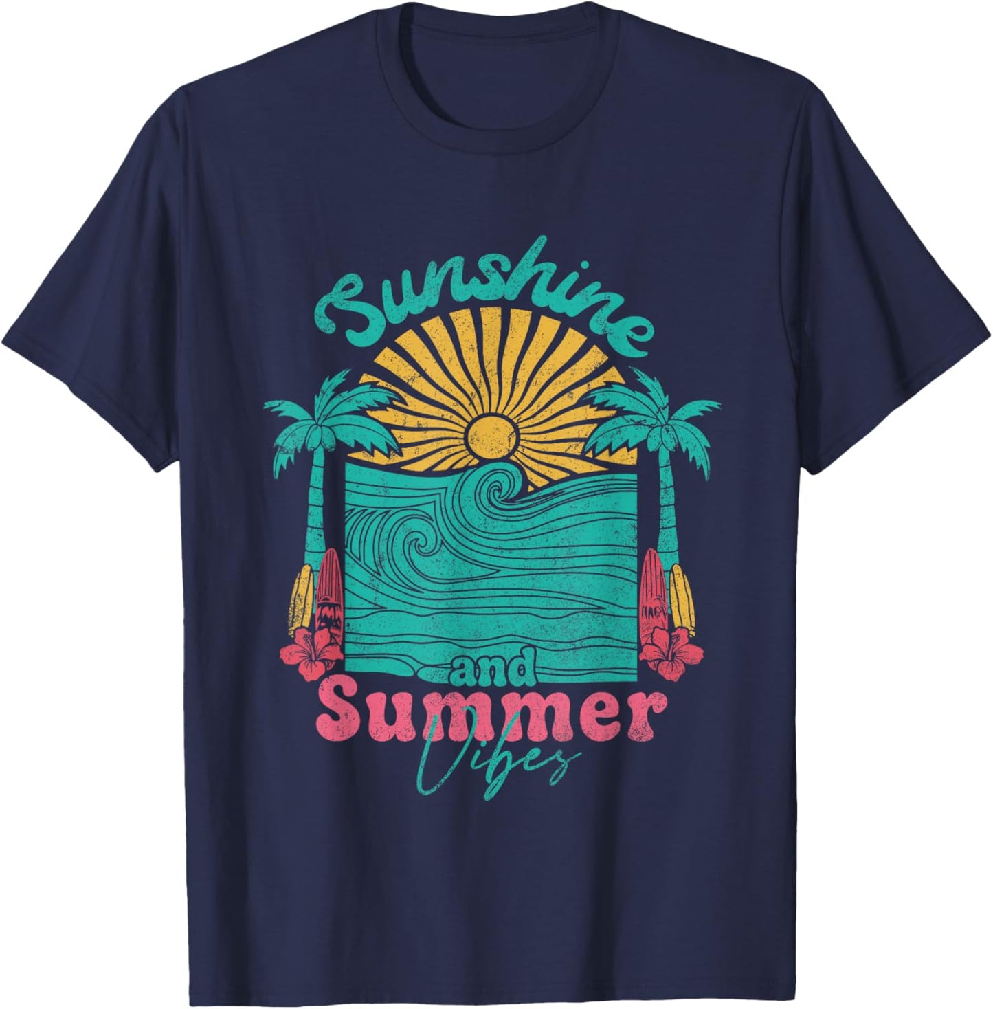 Sunshine and Summer Vibes Retro Beach Vacation Girls Trip T-Shirt - T-Shirt | Navy