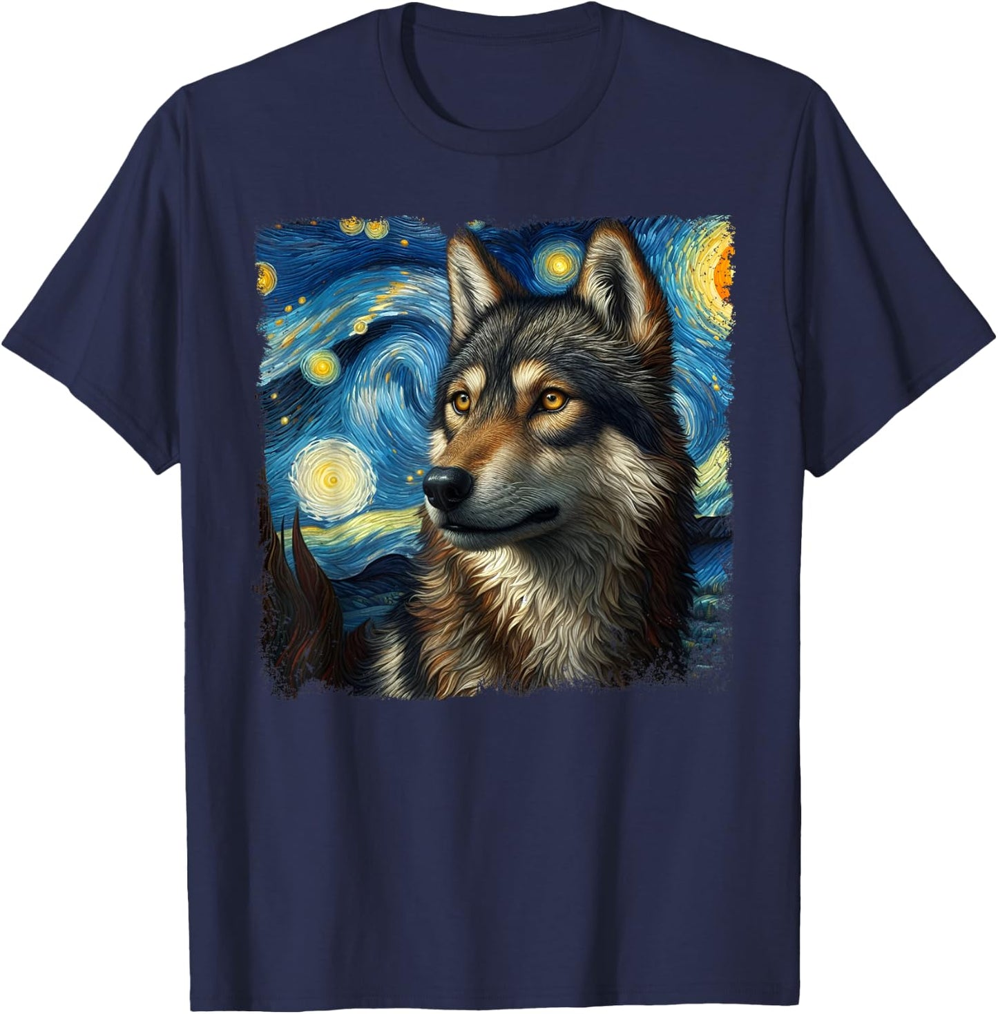 Wolf Starry Night Van Gogh Painting Wolves Lovers T-Shirt - T-Shirt | Navy