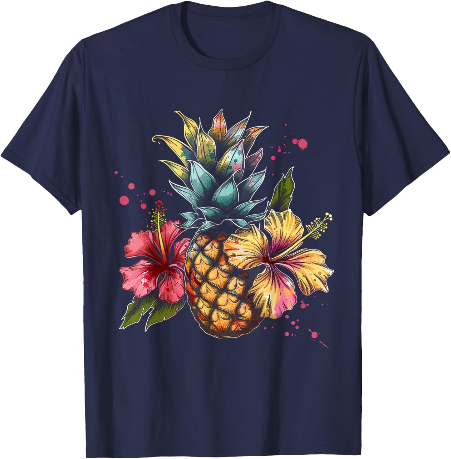 Pineapple And Hibiscus Flower Hawaii Summer Beach Women Kids T-Shirt - T-Shirt | Navy