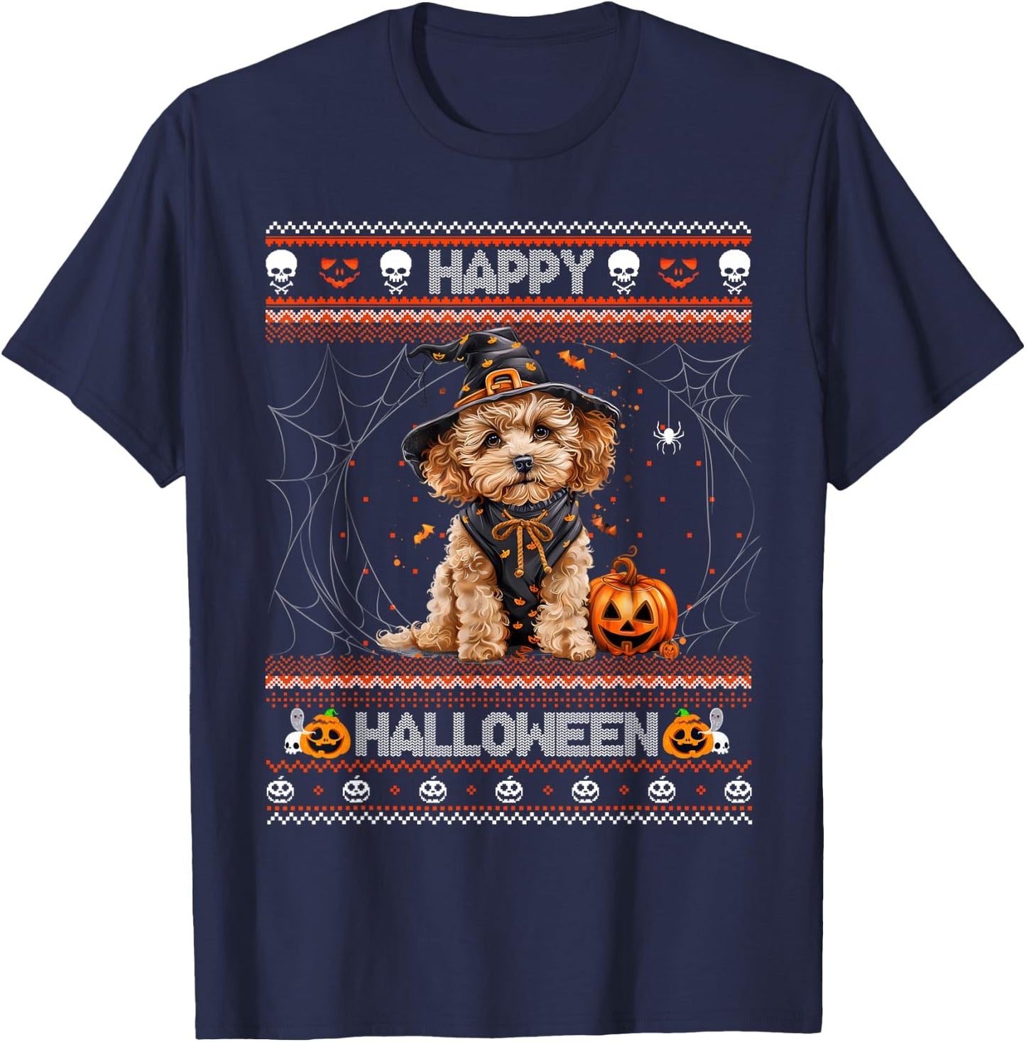 Happy Halloween Ugly Poodle Howl-o-ween Pumpkin Dog lover T-Shirt - T-Shirt | Navy