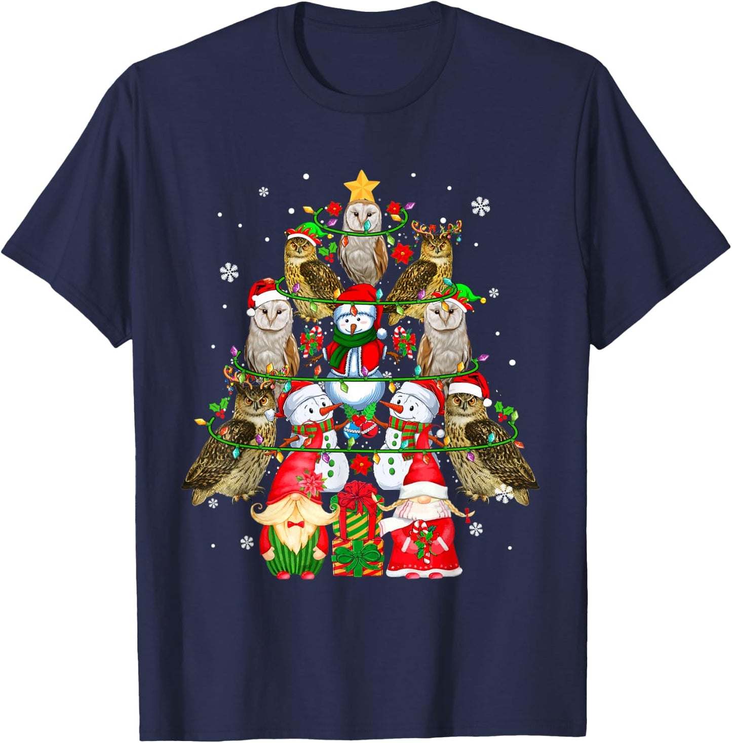 Group Santa Owls With Snowmen Gnomes As Xmas Tree Lover T-Shirt - T-Shirt | Navy