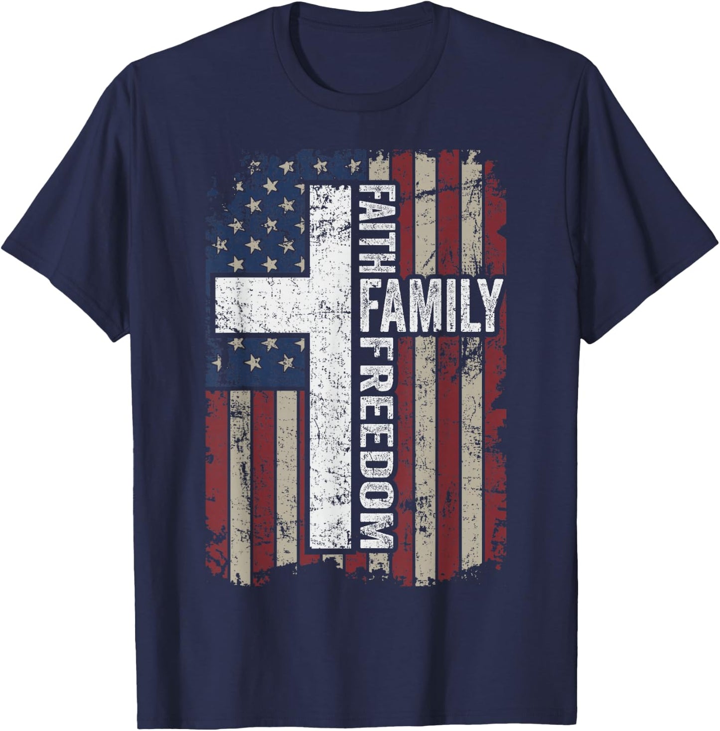 Faith Family Freedom - Patriotic Christian Vintage USA Flag T-Shirt - T-Shirt | Navy