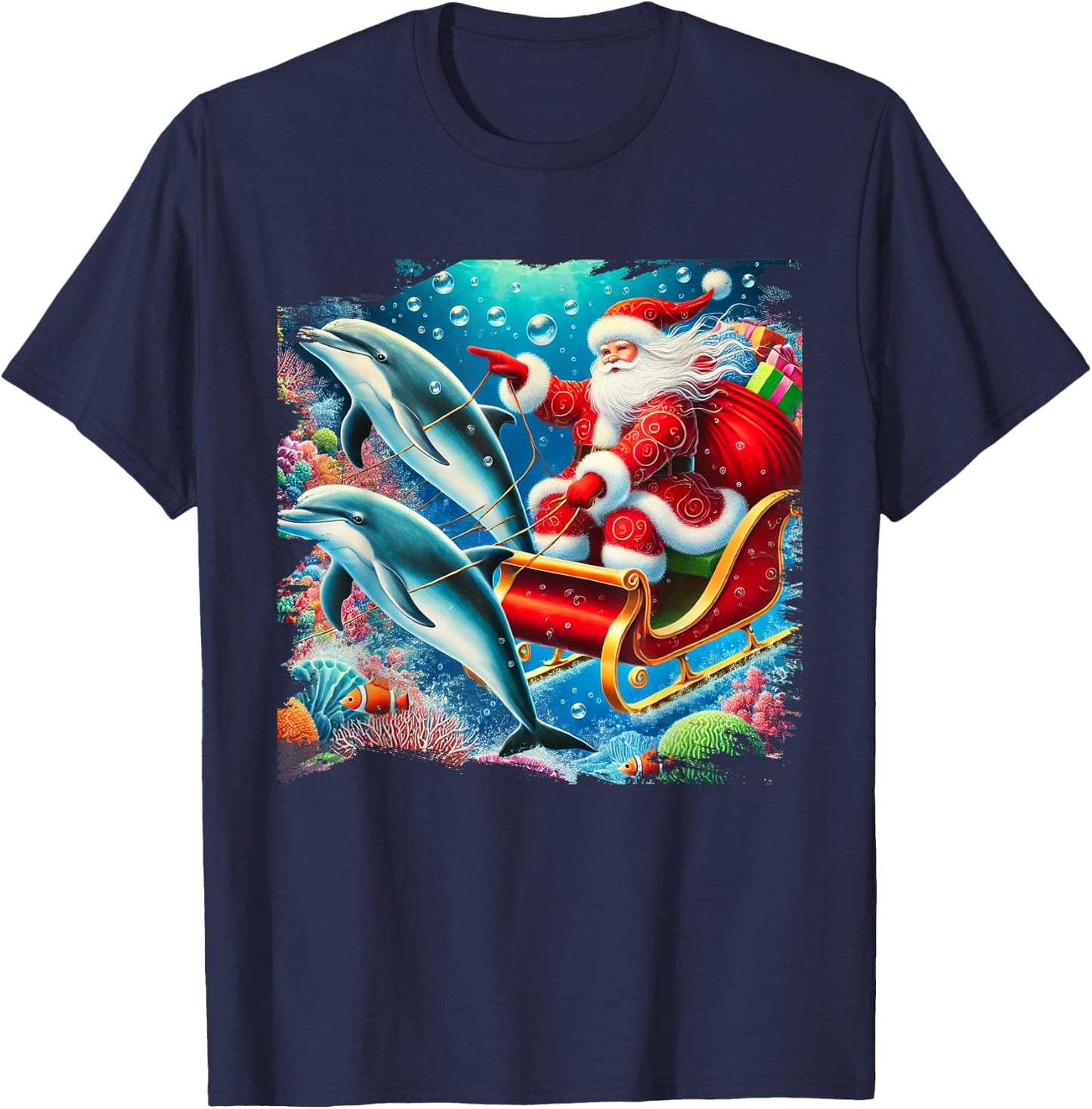 Santa Riding Dolphin Reindeer, Ocean Christmas T-Shirt - T-Shirt | Navy