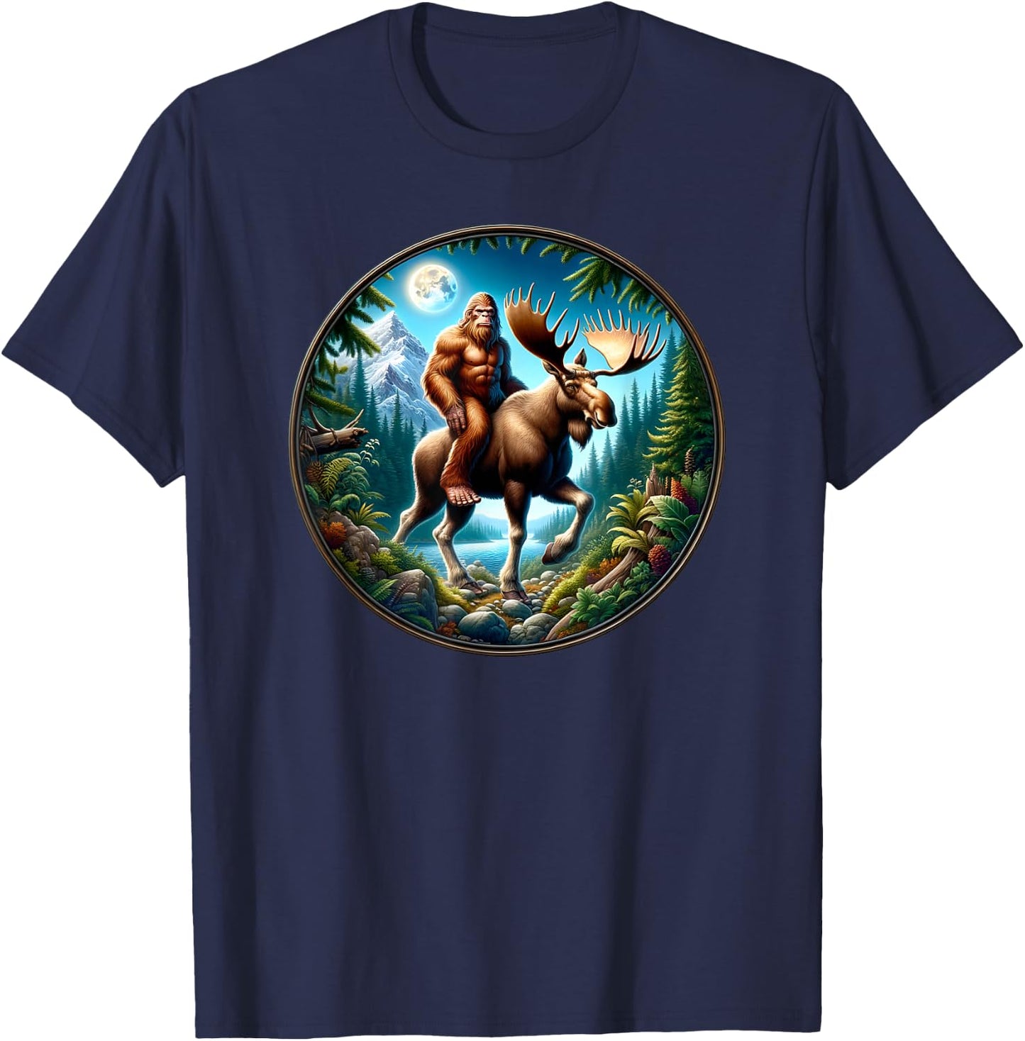 Bigfoot Riding a Moose, Sasquatch Cryptid Wilderness T-Shirt - T-Shirt | Navy