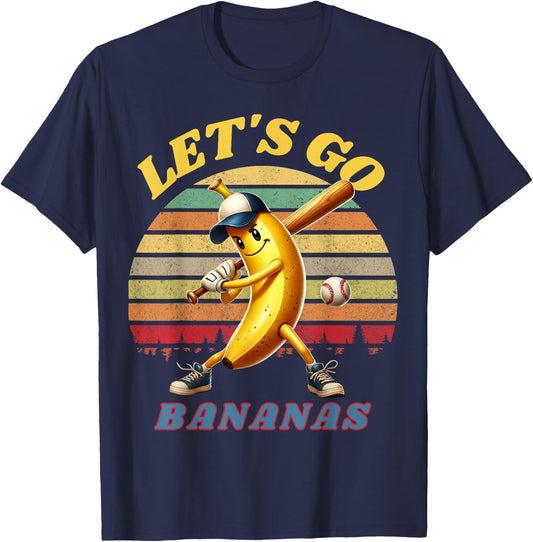 Lets Go Bananas Banana Playing Baseball Baseball Player Gift T-Shirt - T-Shirt | Navy