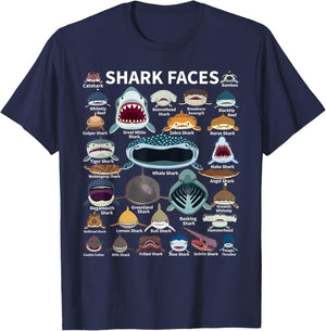 Shark Faces - Type of Shark - Shark Faces of All Kinds T-Shirt - T-Shirt | Navy
