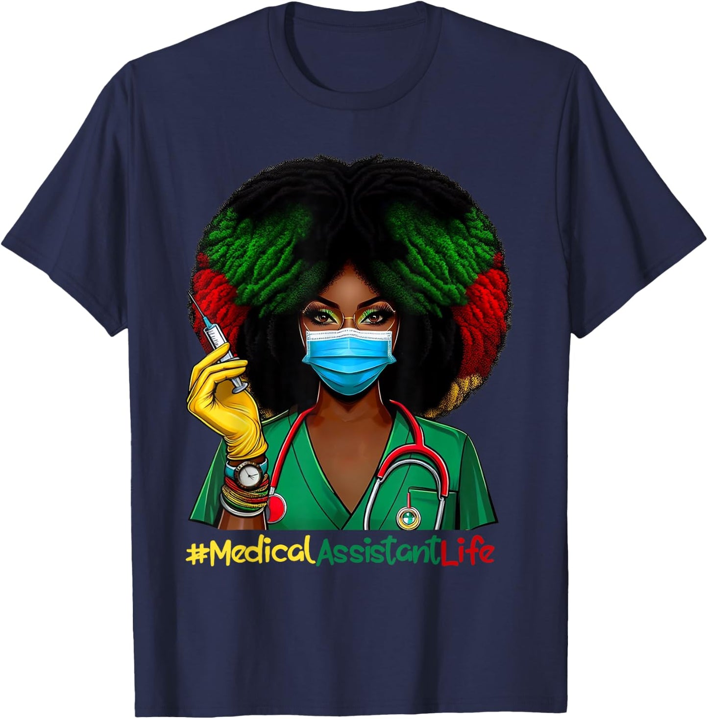 Medical Assistant Nurse Afro Woman Nursing Juneteenth T-Shirt - T-Shirt | Navy