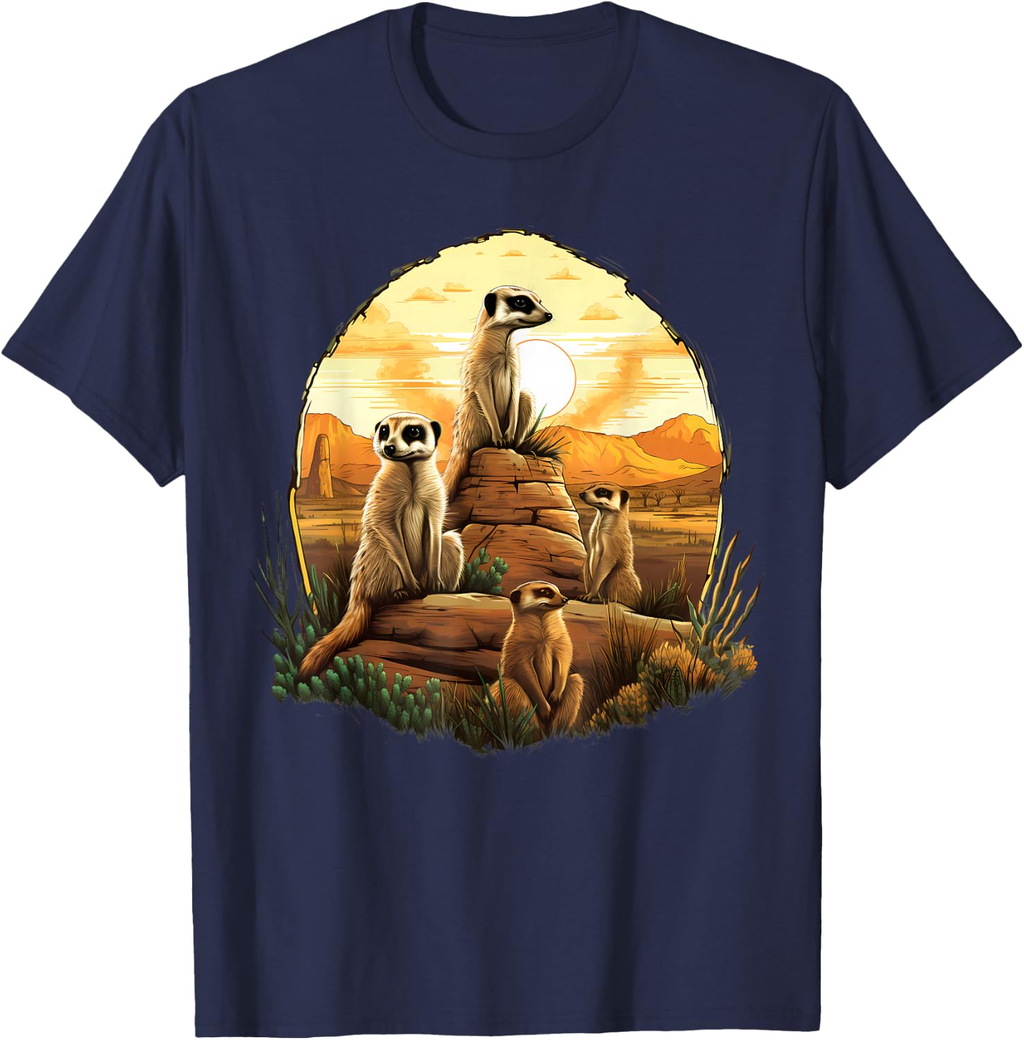 Meerkat Wildlife Savanna Sunset Artwork Colourful Drawing T-Shirt - T-Shirt | Navy