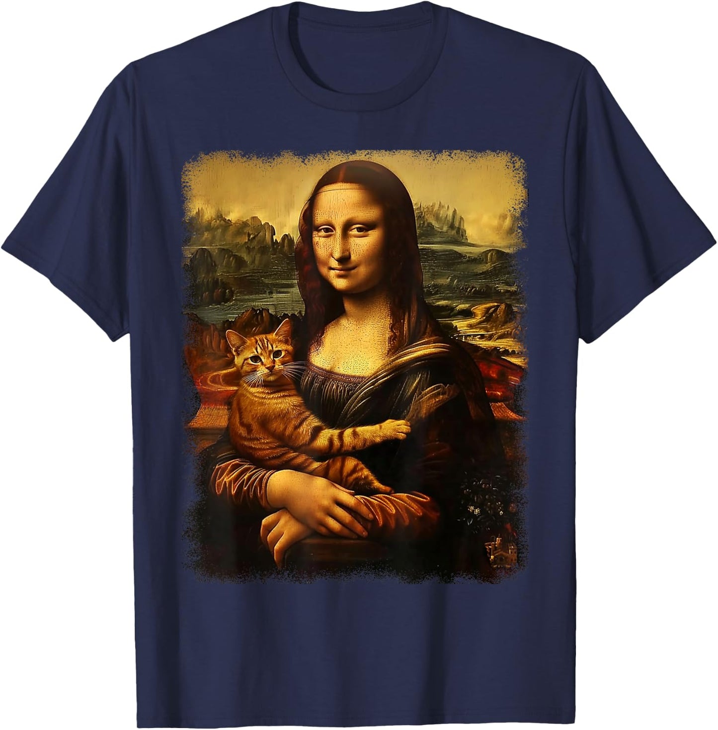 Mona Lisa With Cat Cat Print Black Small -Kids -Adults Short Sleeve T-Shirt - T-Shirt | Navy