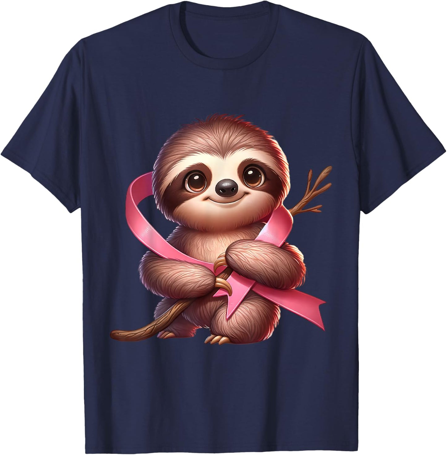 Breast Cancer Awareness Cute Sloth Pink Ribbon Animal T-Shirt - T-Shirt | Navy