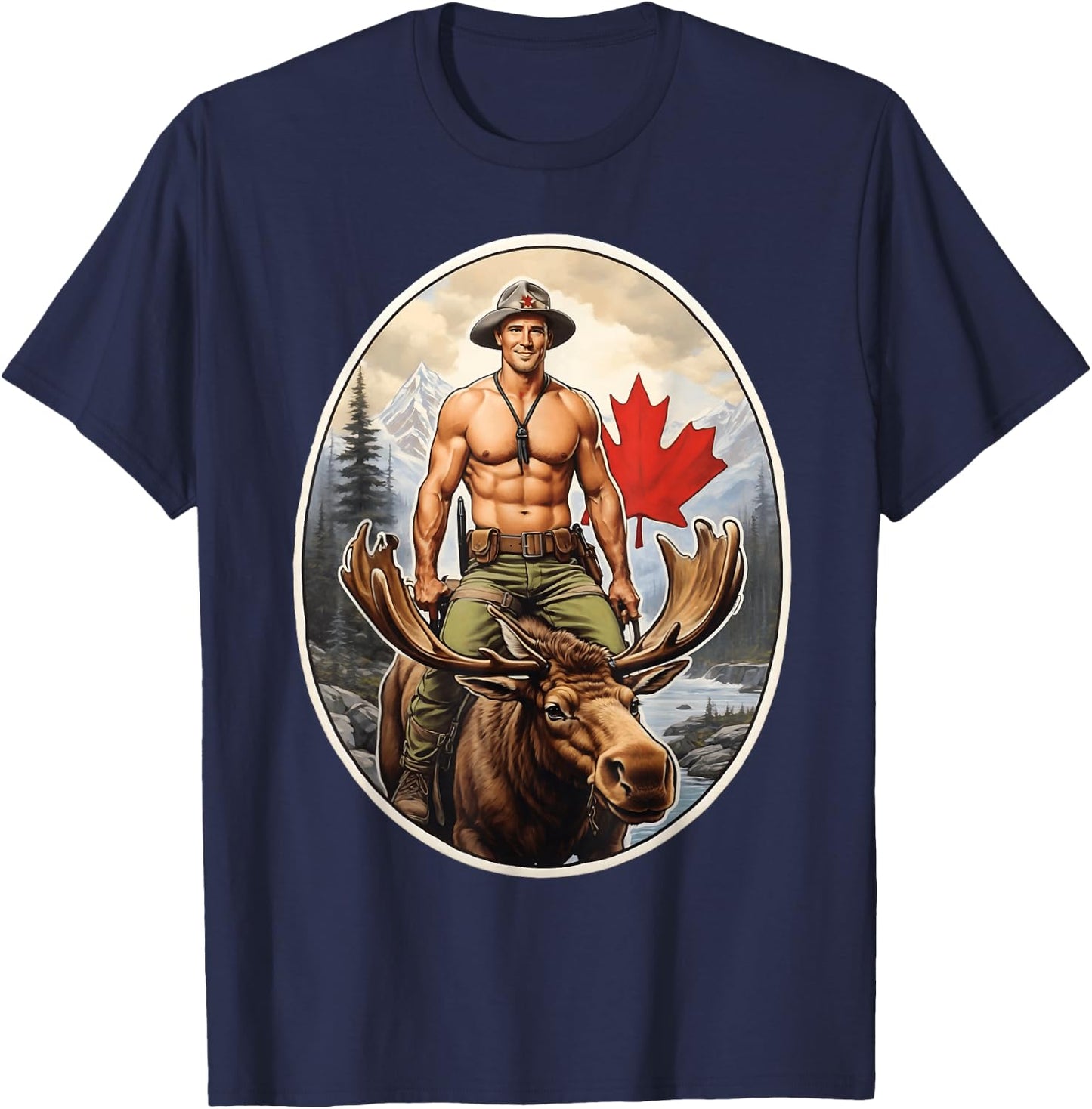 Canadian Mountie Adventure - Shirtless Rider Majestic Moose T-Shirt - T-Shirt | Navy
