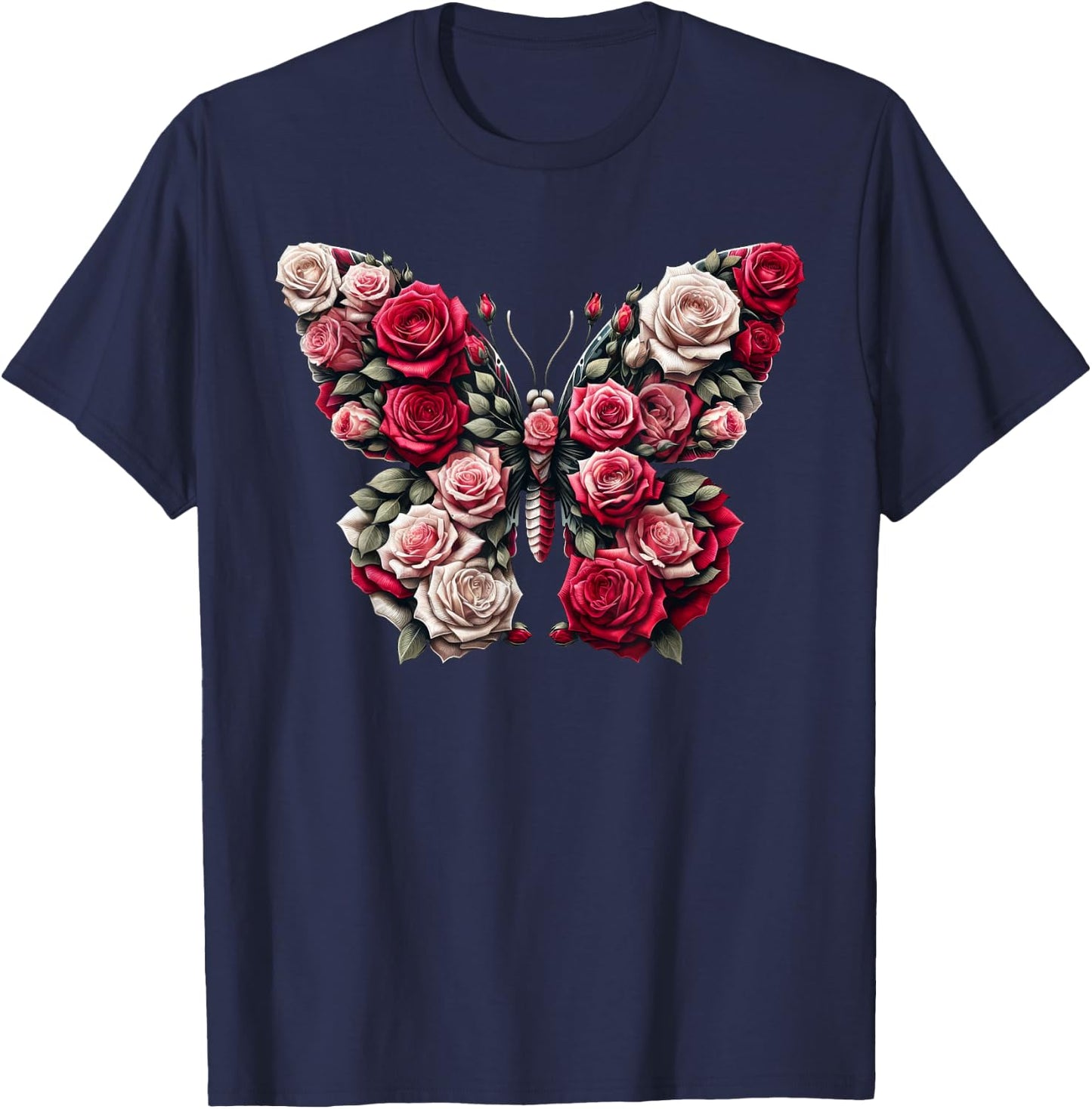 Rose Butterfly Flower Gardening Floral T-Shirt - T-Shirt | Navy