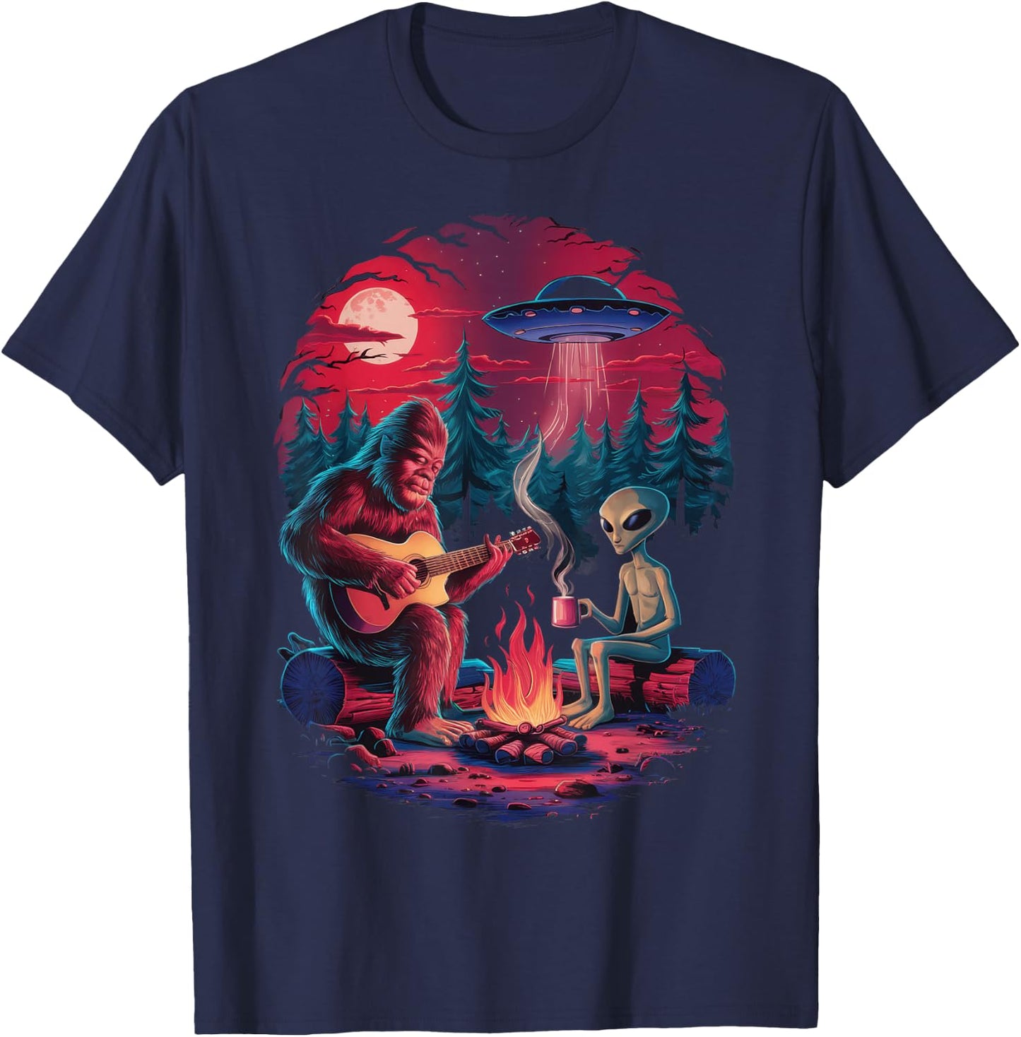 Funny Alien and Bigfoot Campfire Moon UFO Adventure Hiking T-Shirt - T-Shirt | Navy