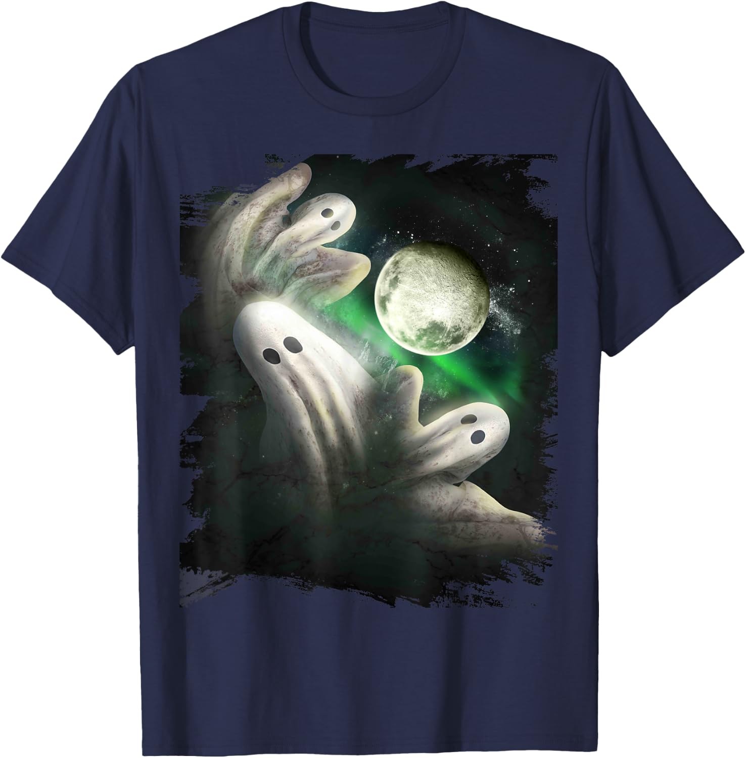 3 Three Ghost Moon, Wolf Ghosts Howling, Funny Halloween T-Shirt - T-Shirt | Navy