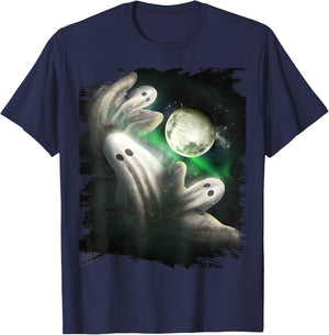 3 Three Ghost Moon, Wolf Ghosts Howling, Funny Halloween T-Shirt - T-Shirt | Navy