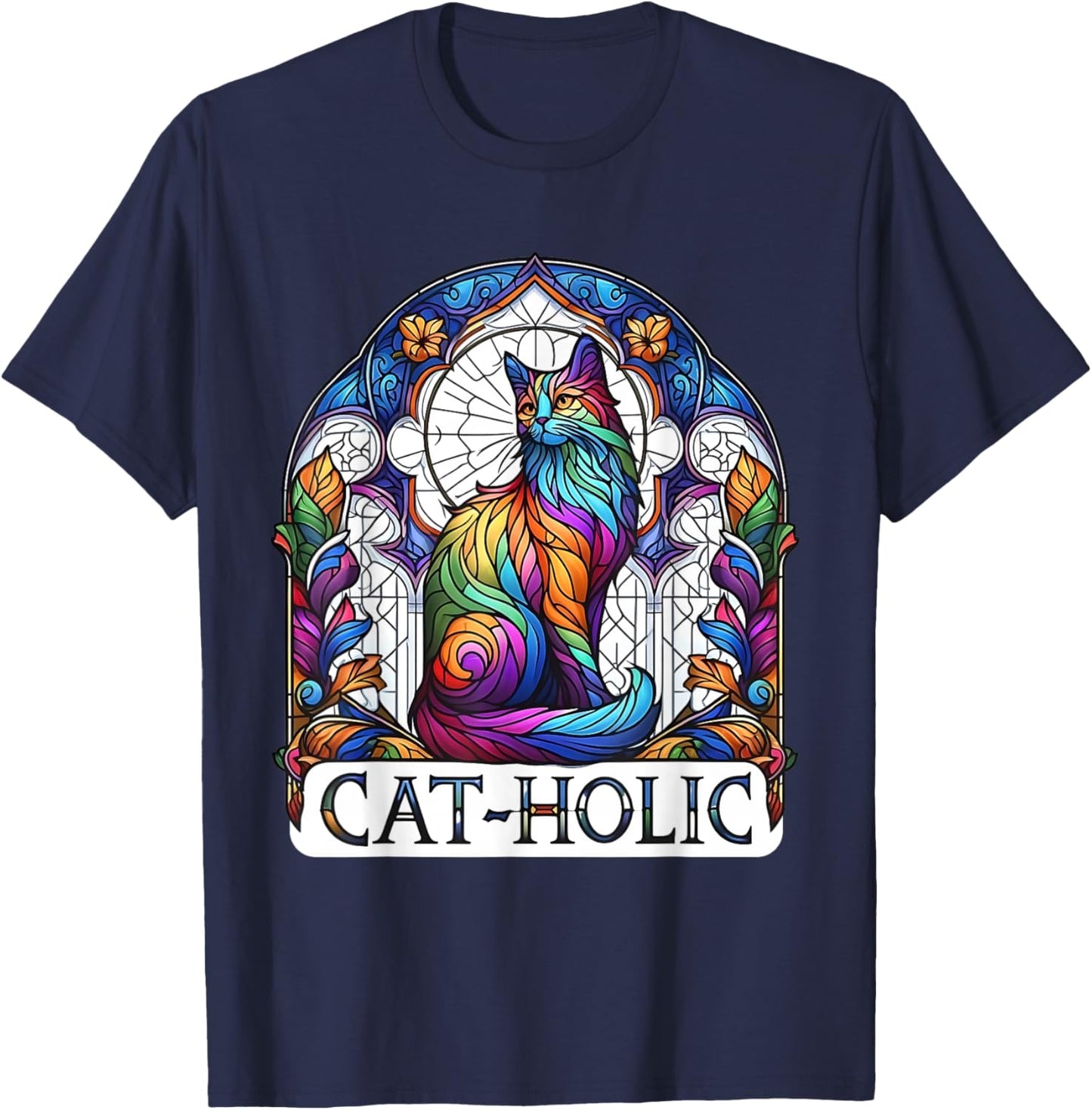 Cat-holic. Funny Catholic. Stained Glass Cat. T-Shirt - T-Shirt | Navy