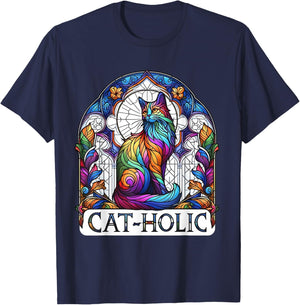 Cat-holic. Funny Catholic. Stained Glass Cat. T-Shirt - T-Shirt | Navy