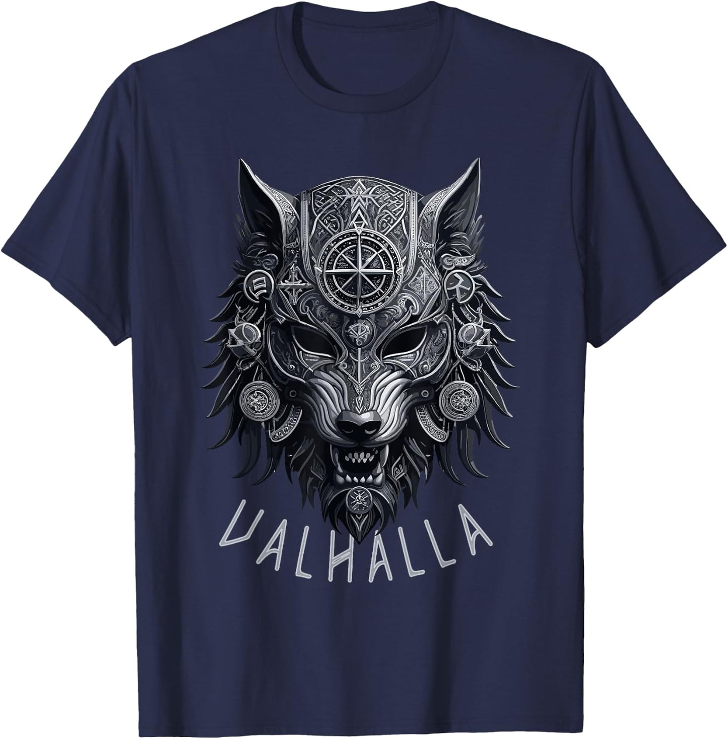 Valhalla Wolf Mask Odin Runes Norse Compass Viking Men Women T-Shirt - T-Shirt | Navy