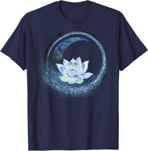 Crescent Moon and Circle of Stars with Lotus Flower Graphic T-Shirt - T-Shirt | Navy