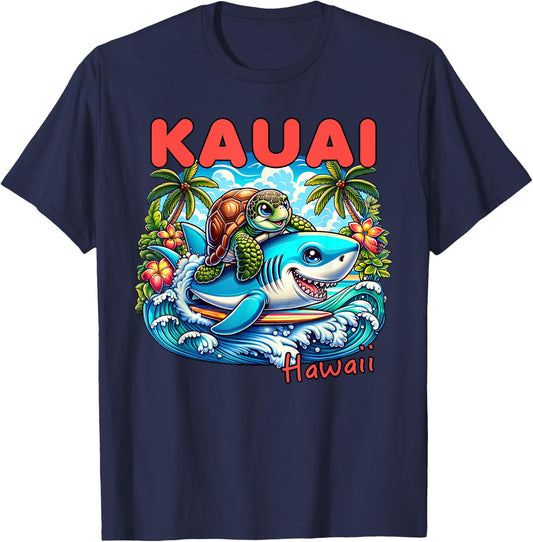 Kauai Hawaii Beach Turtle and Shark Women Girls Kids T-Shirt - T-Shirt | Navy