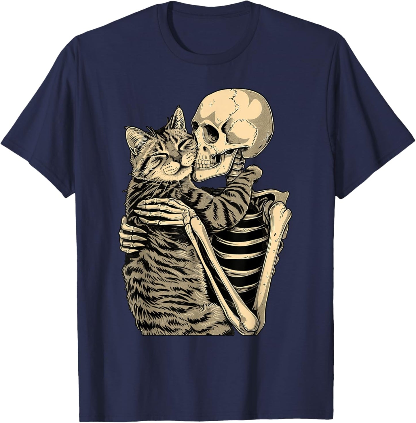 Skeleton Hugging Cat Halloween for Cat Lovers T-Shirt - T-Shirt | Navy