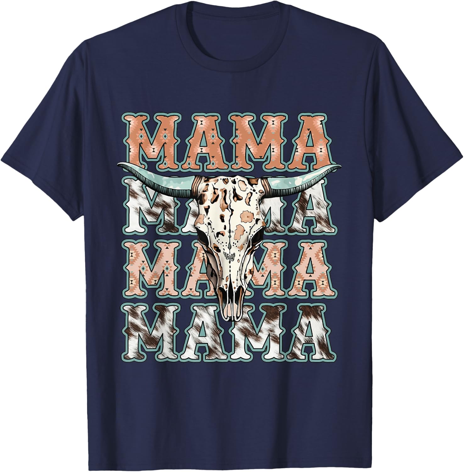 Mama Western Retro Groovy Cow Skull Country Rodeo Mother Day T-Shirt - T-Shirt | Navy