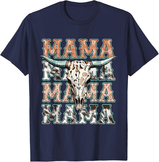 Mama Western Retro Groovy Cow Skull Country Rodeo Mother Day T-Shirt - T-Shirt | Navy