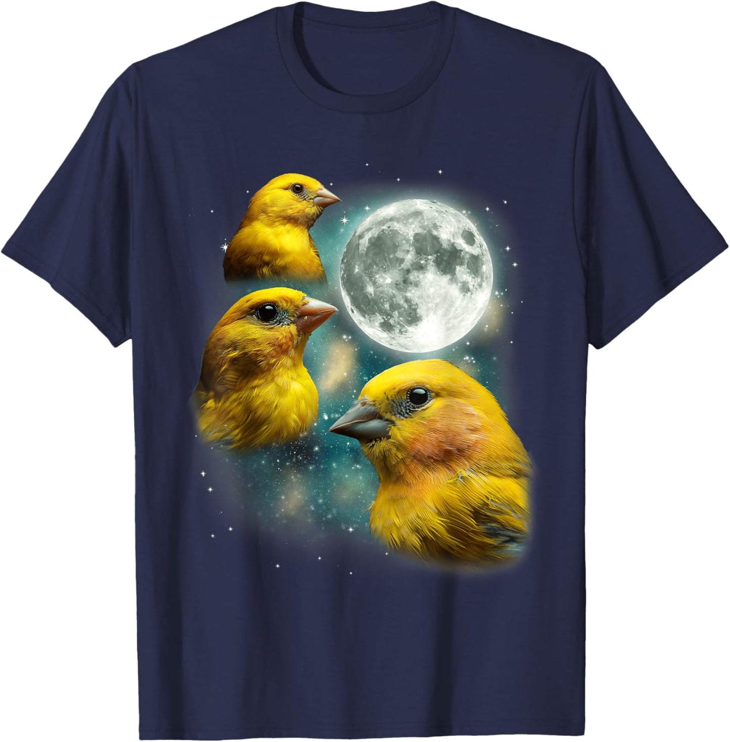 Three Canary Moon | 3 Canaries On A Magical Night Cute Bird T-Shirt - T-Shirt | Navy
