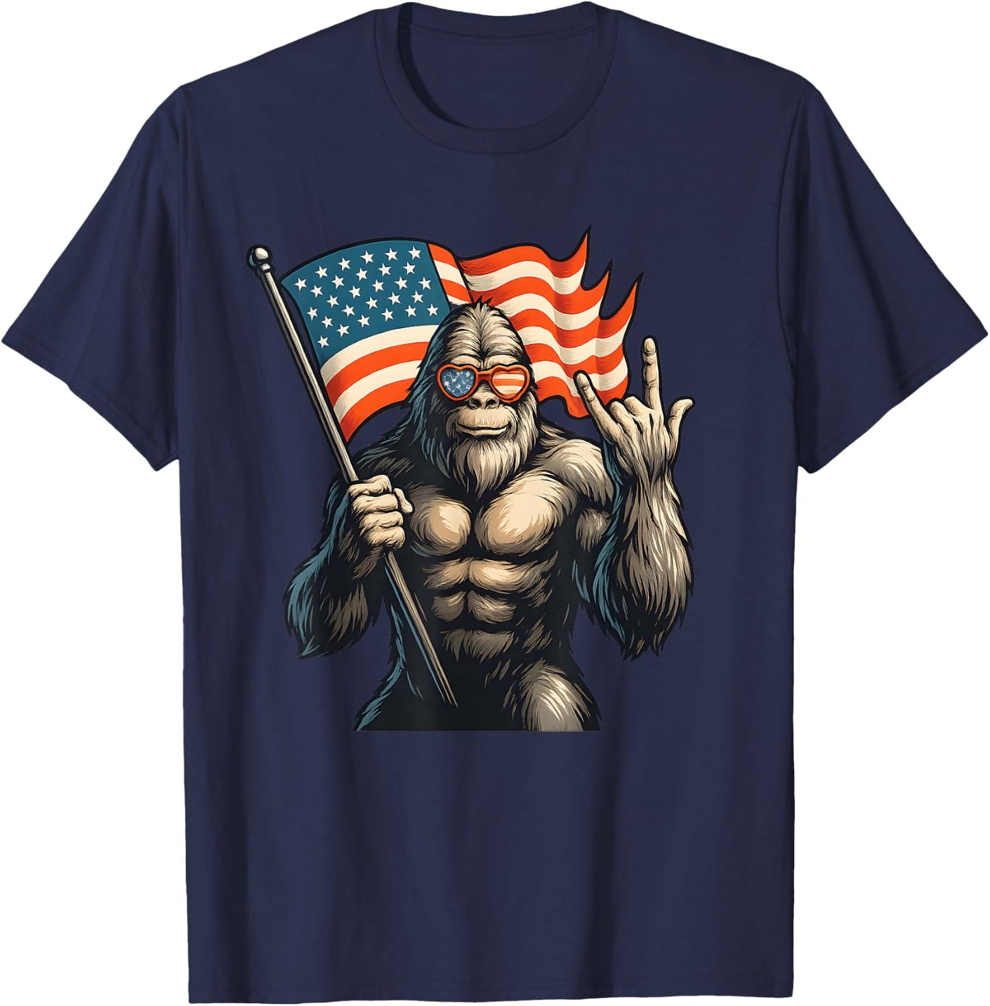 Patriotic Bigfoot Holding USA Flag Rock Hand Sunglasses T-Shirt - T-Shirt | Navy