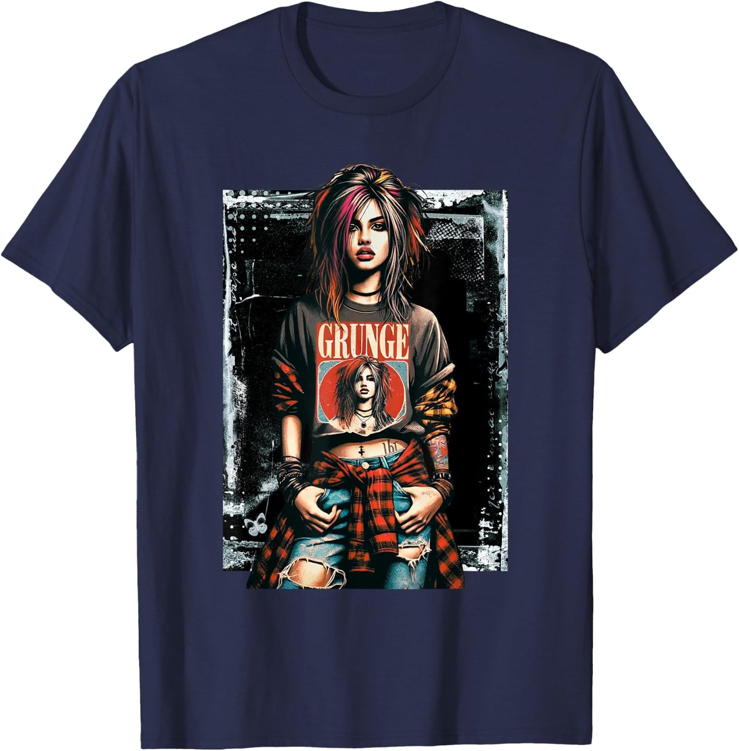 Punk Grunge Girl Graffiti 90s Retro Distressed Vintage T-Shirt - T-Shirt | Navy