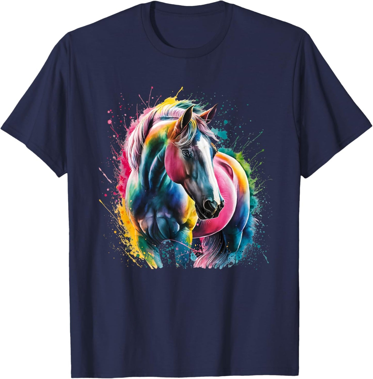 Horse Men Women Colourful Watercolour Horse T-Shirt - T-Shirt | Navy