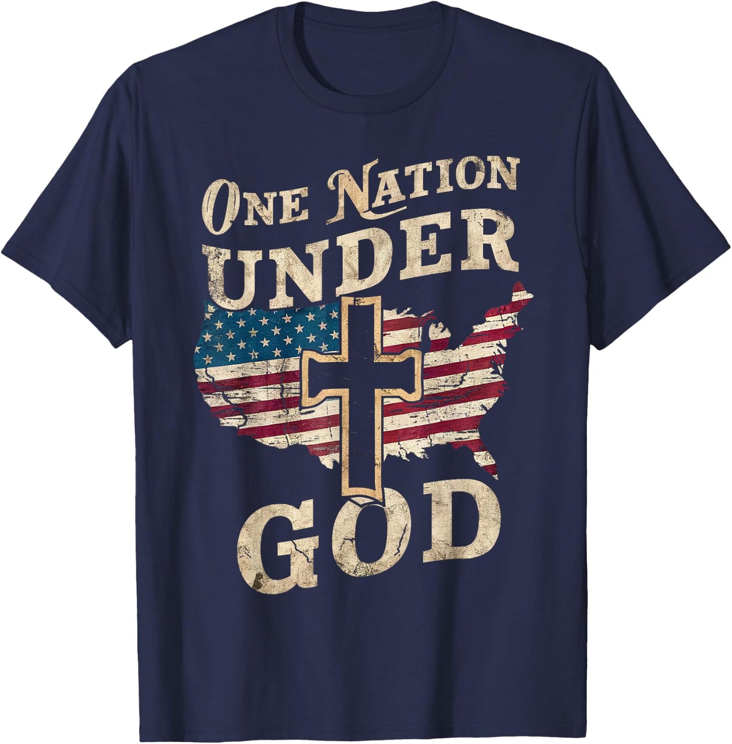 One Nation Under God Cross American Flag Patriotic Christian Women Men T-Shirt - T-Shirt | Navy
