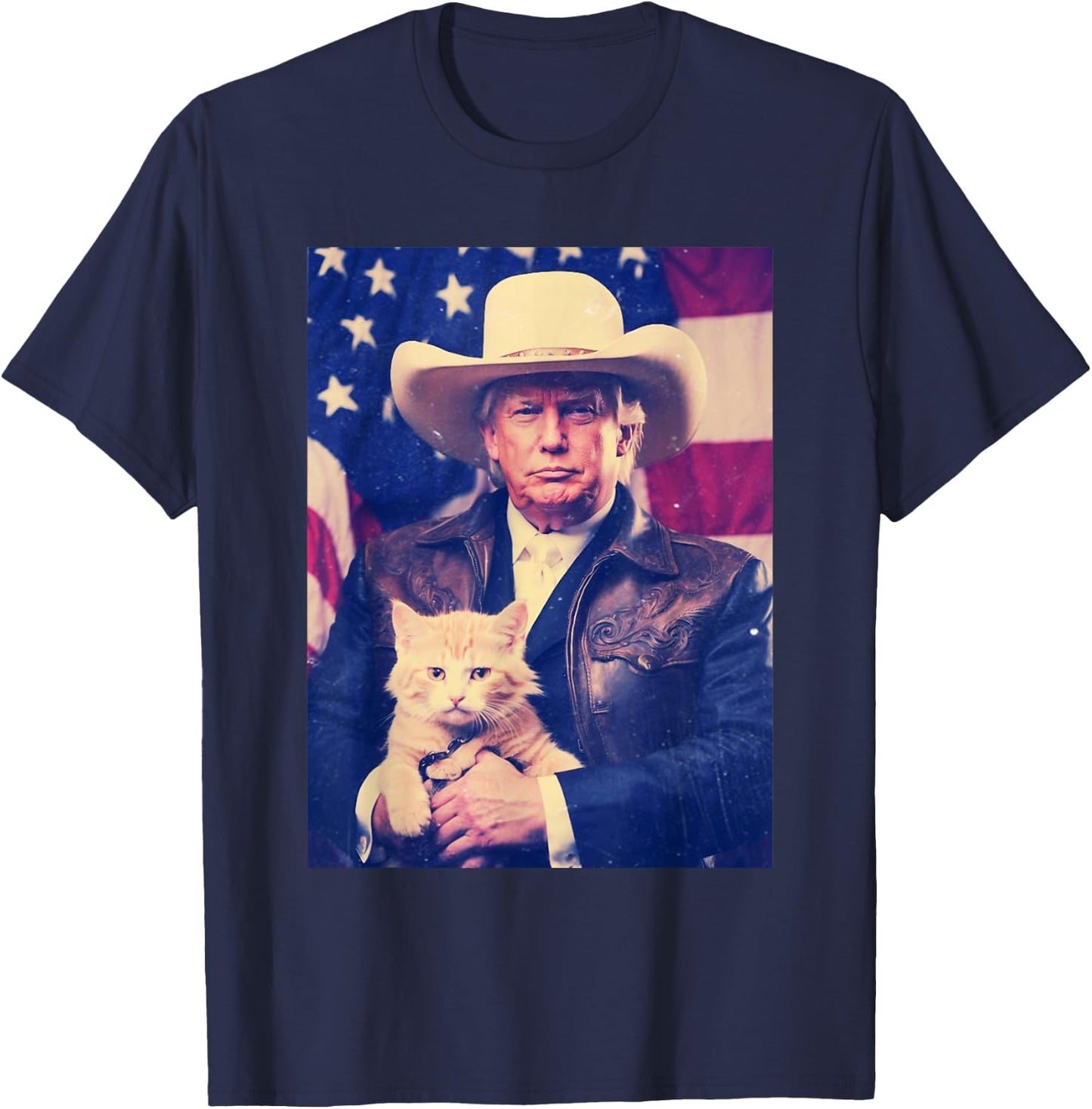 Trump Cat Shirt Funny Cowboy Donald Trump 2024 American Flag T-Shirt - T-Shirt | Navy