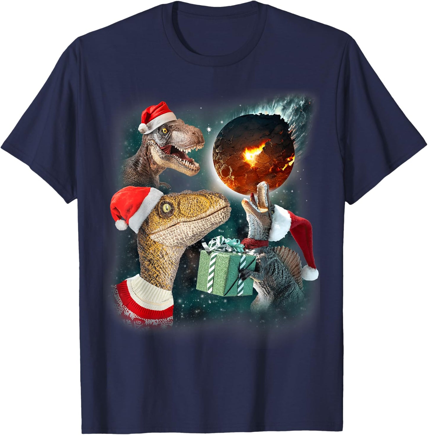 Three Rex Moon | 3 Dinos Howling Weird Cursed Christmas Meme T-Shirt - T-Shirt | Navy