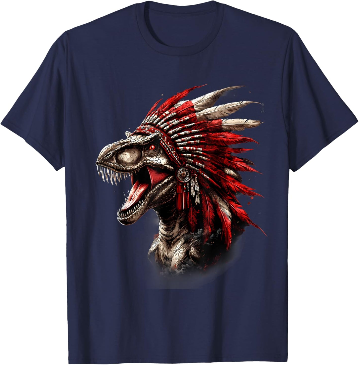 Native American Feather Headdress Dino T-Rex Artwork T-Shirt - T-Shirt | Navy