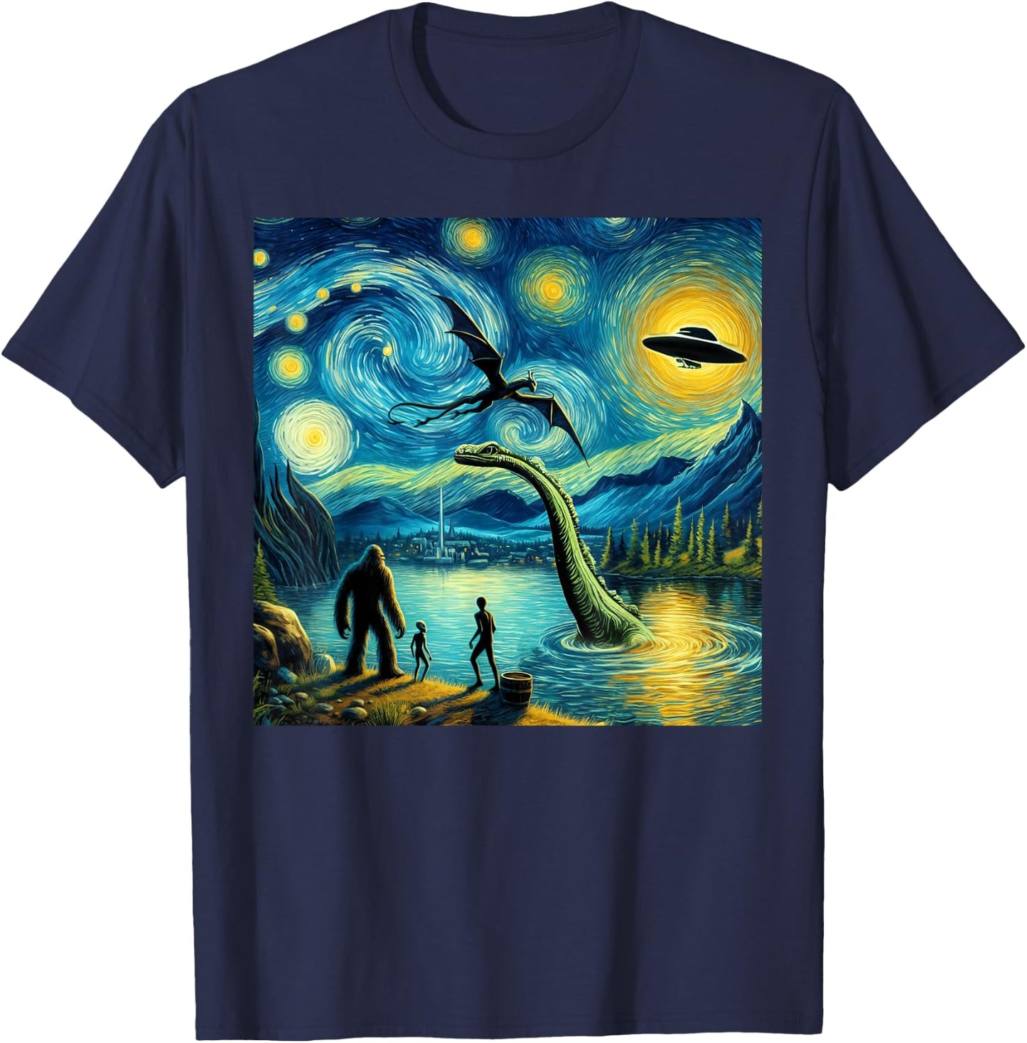bigfoot starry night loch Ness alien UFO dragon cute lake T-Shirt - T-Shirt | Navy