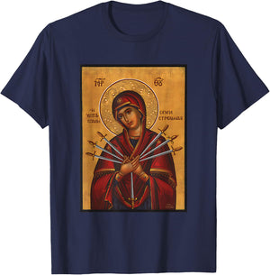 Theotokos Mother Mary Eastern Orthodox Byzantine Art T-Shirt - T-Shirt | Navy