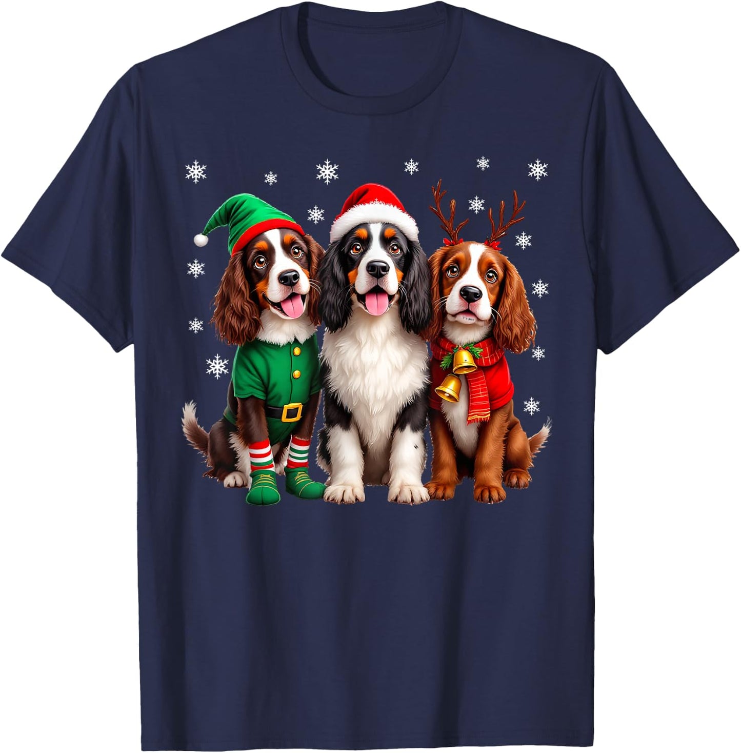English Springer Spaniel Christmas Dogs Santa Reindeer Elf T-Shirt - T-Shirt | Navy