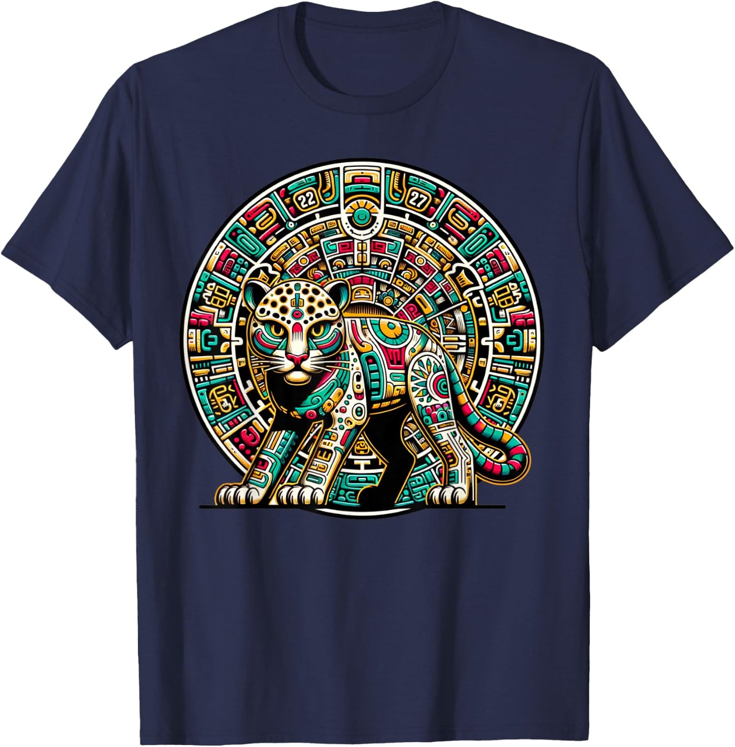 Aztec God Tezcatlipoca And Leopard With The Mayan Calendar T-Shirt - T-Shirt | Navy