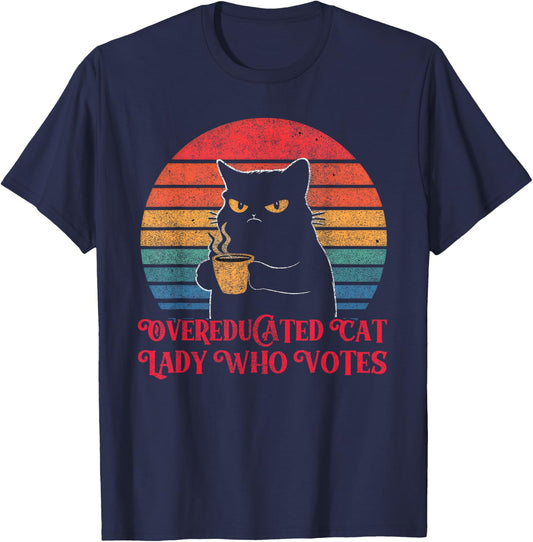 Overeducated Cat Lady Who Votes 2024 Election Vintage Cat T-Shirt - T-Shirt | Navy