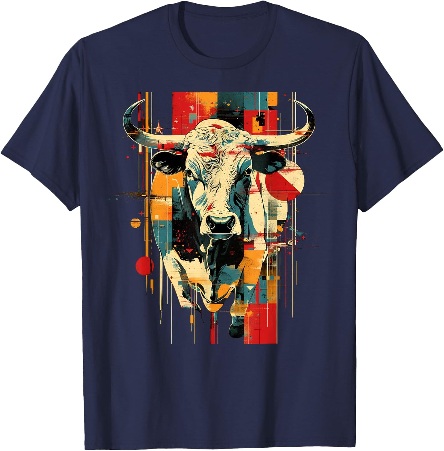 Artsy Bull Rider on Abstract Art Rodeo Bull Riding T-Shirt - T-Shirt | Navy