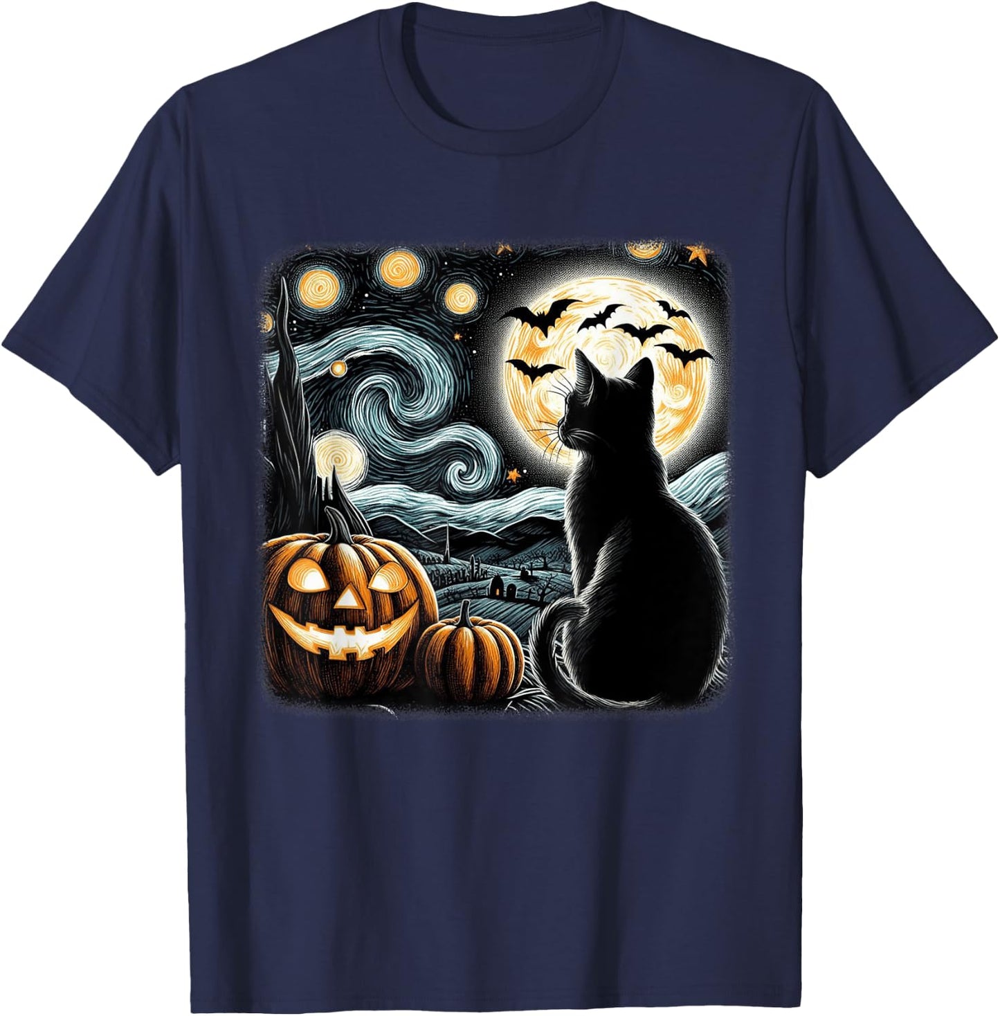 Black Cat Halloween Cat Lover Starry Night Cat Van Gogh Cat Women Kids T-Shirt - T-Shirt | Navy